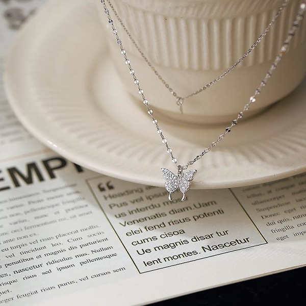1st 925 Sterling Silver Dubbellager Fjäril Blinkande Diamanthalsband Söt hänge nyckelbenskedja Kvinna Exquisite Jewelry (FMY)