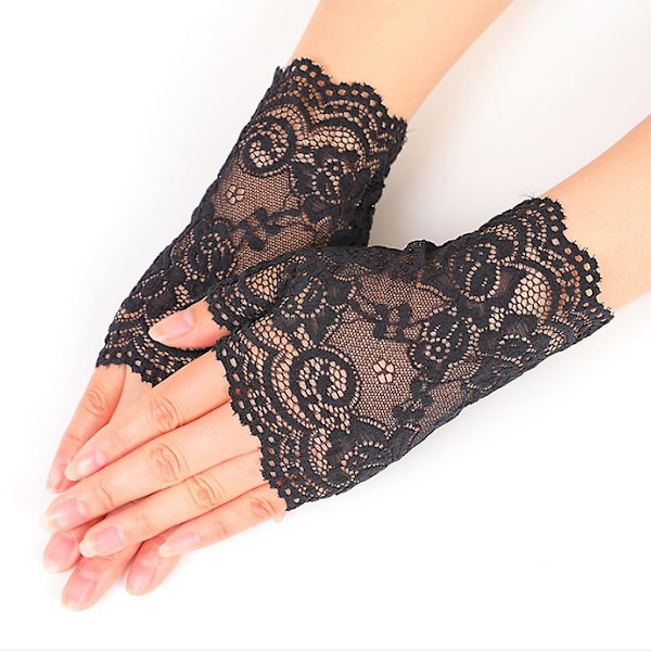 Fingerlösa Blommiga Spetsarmband Handledslängd Andningsbara Spetsar Halvfingerhandskar (FMY) Black One size