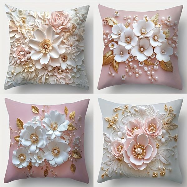 4 stk. Levende Blomster Accent Puder - 3D Printet Rosa & Hvide Blomster, Blødt Kunstigt Stof, 45x45 cm Dekorative Puder til Stue (FMY) 4pcs