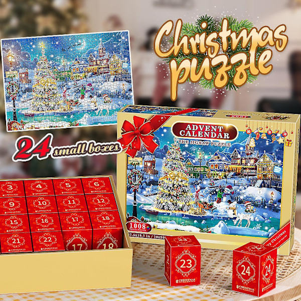 Adventskalender 2023 Julepuslespil - Jul ved Pejsen Feriepuslespil til Voksne Børn, 24 Dele 1008 Brikker Puslespil (FMY)