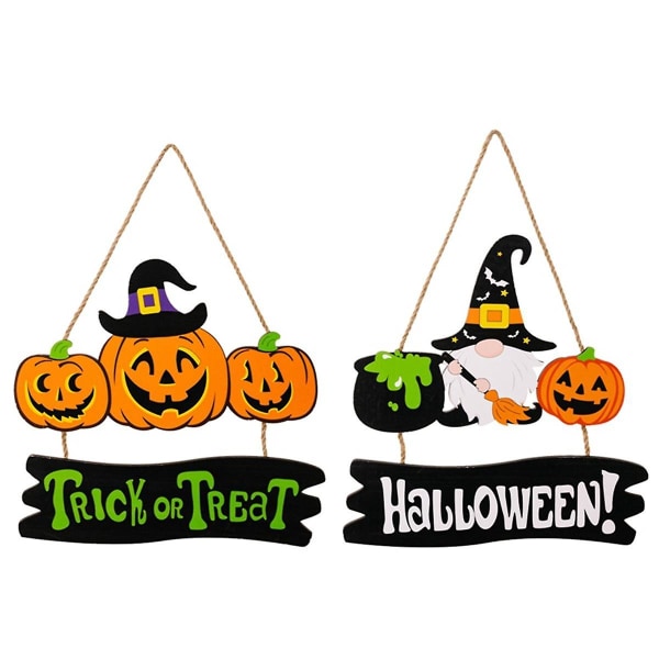 2 kpl Halloween-seinäkoriste, kurpitsa, puinen riipuskoriste, riipus, kurpitsa, tonttu, kyltti (FMY)