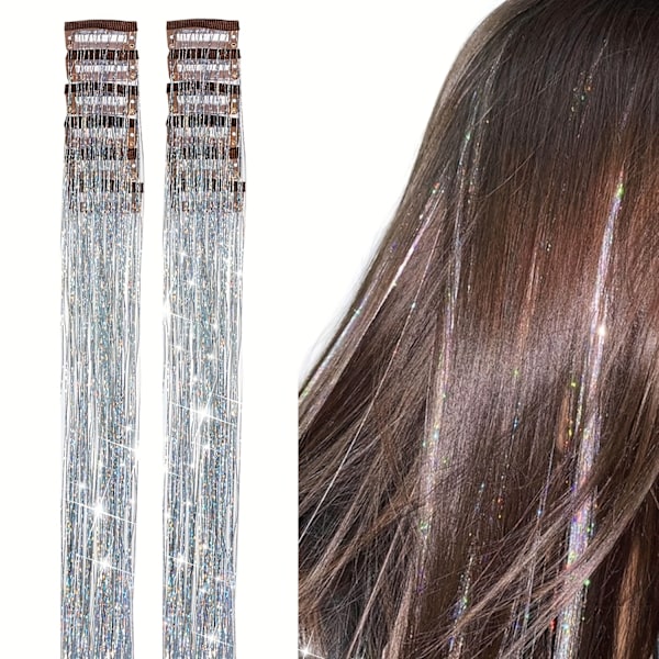 12 stk. Glimtende Hår Tinsel Clip-In Extensions - Glitrende Hårtilbehør til Kvinder - 19,6 tommer Lang, Syntetisk, Varmebestandig, Glitter Str  (FMY) Silvery 20inch