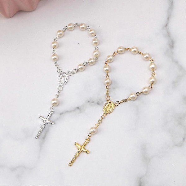 Katolsk korsfingerkæde Mini rosenkrans Finger dåb Rosenkranse Imiterede perler Armbånd til dåbsgaver Barnedåb (FMY) Silver