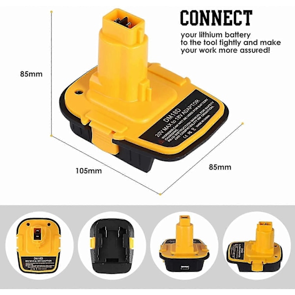 Dm18d Dca1820 Batteriadapter med USB til Dewalt 20v/18v til Milwaukee M18 18v Lithium Batteri Dcb204 Dcb205 Konverter til Dewalt 18v/20v N  (FMY)