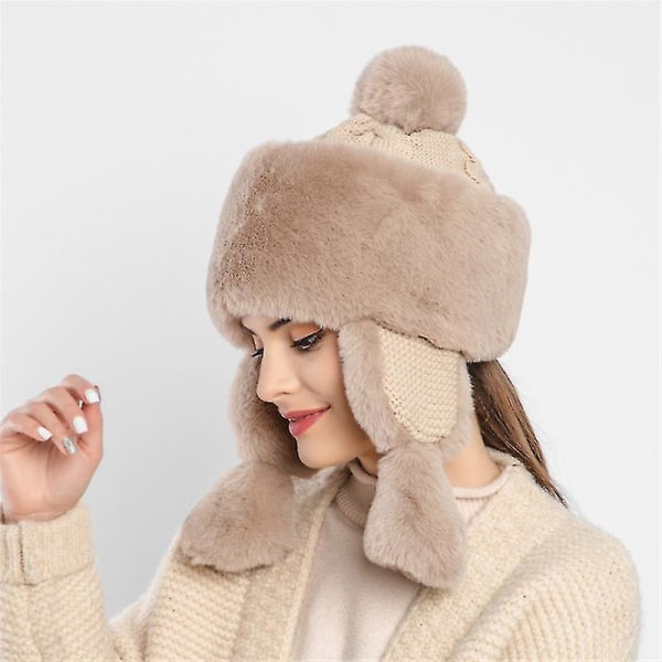 Lämpimämpi tekoturkista hattu naisille, karvainen lämmin mongolilainen venäläinen pommikone hiihto talvella tuulenpitävä cap (FMY)