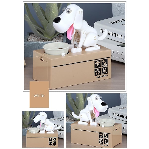 Pengeboks Bank Svin Mekanisk Choken Mønt Opsparing Sulten Spisende Hund Robot, 100% Ny (FMY) white