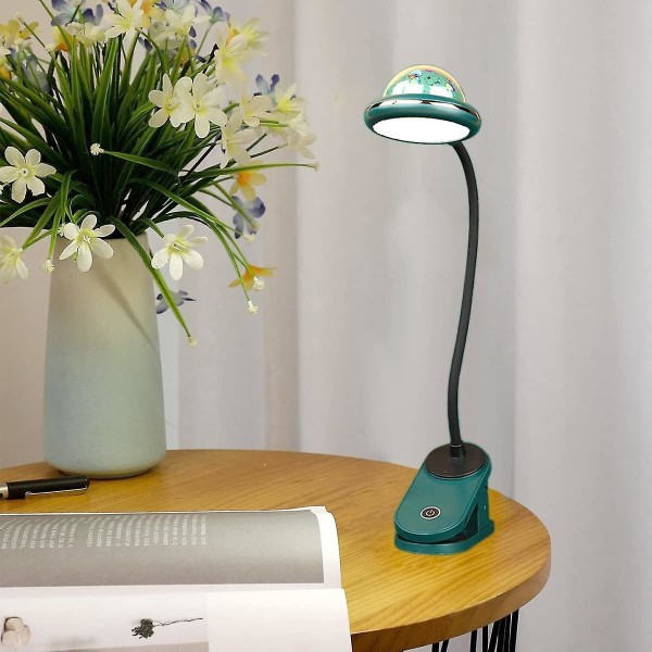 Klämlampa för barn, USB uppladdningsbart ledklämma läsljus med stjärnprojektion, svanhalslampa vid sängen (grön) (FMY)