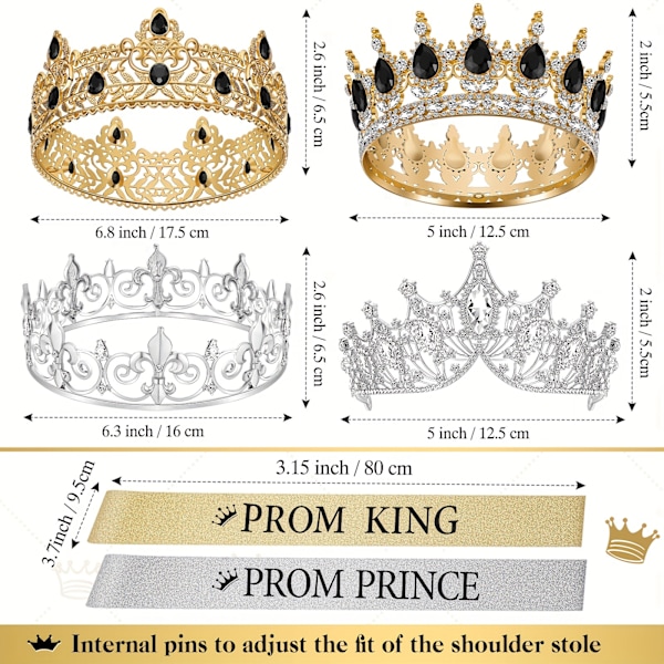 8 kpl Kiiltäviä Satiini Prom Tiara Sash Settiä: Kuninkaalliset Kruunut Homecoming Kuninkaalle, Kuningattarelle, Prinssi ja Prinsessalle Satiini Sashilla Juhla-Suosikkeihin ja (FMY) Satin