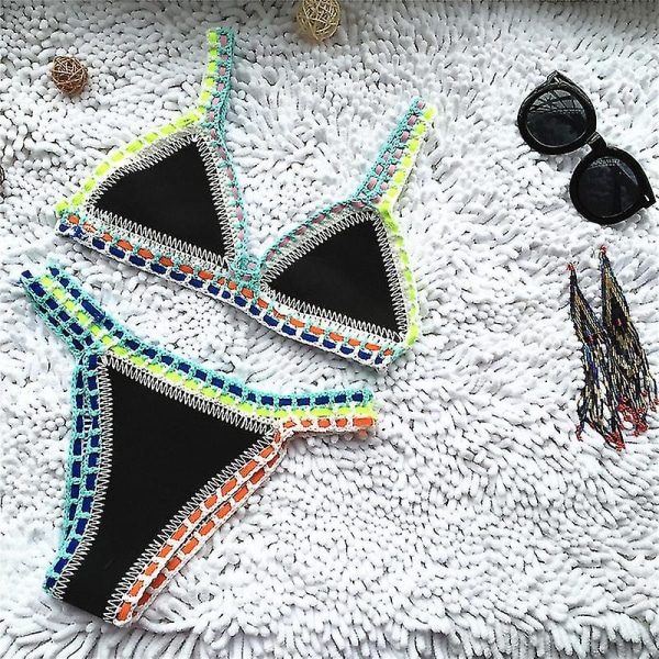 Hæklet badetøj til strikkede badedragter til kvinder Neopren Bikini Beachwear Boho stil badedragt To-delt badedragter (FMY) Black A S