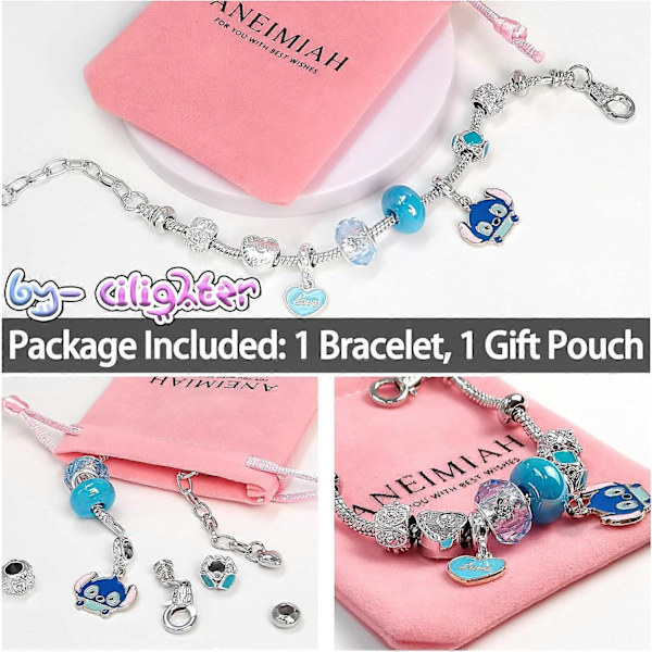 Stitch Charm Armbånd, Inspirasjons-Stitch Charms Kvinners Slangekjede Smykker Bursdagsgaver (FMY) Adjustable  10 Charms