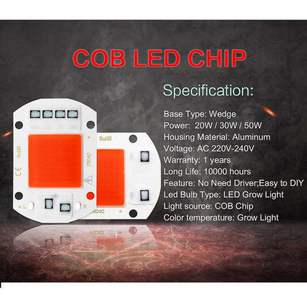Led Grow Light Full Spectrum Cob Led Chip Ac 110v 220v Intet behov Driver Phyto Lampe Til Indendørs Plante Light Seedling Grow Lamp (FMY) 30W 110V