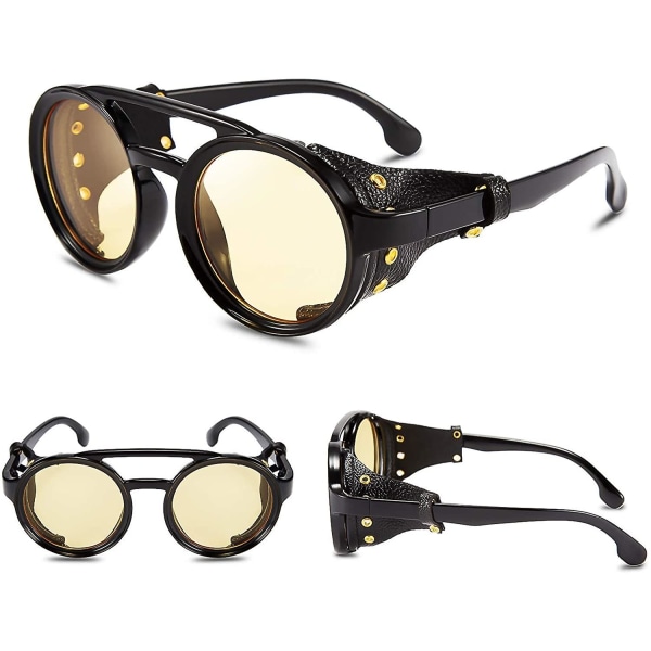 Retro runde Steampunk solbriller Damer Mænd Vintage Eyewear Let plaststel med lædertøj B2532