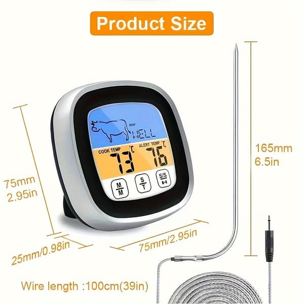 HOTU Kødtermometer, Digitalt Grillkødtermometer, Stort Berøringsskærm Grillmadtermometer med Ur Timer, Termometer med Pr (FMY) Black