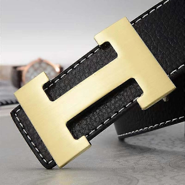 Ny stil business fritid ekte PU-lær H glatt spenne litchi kornbelte for menn (FMY) Black silver buckle