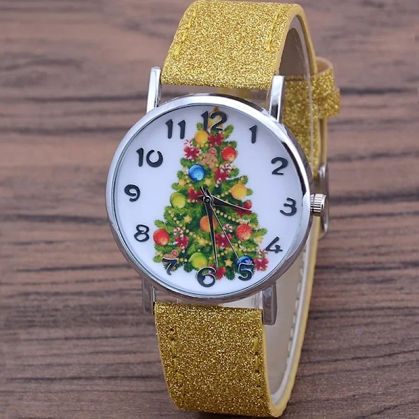 Damklocka med julgranmotiv - Casual Kvartsarmbandsur i Ljusa Färger med Läderband - Söt Damklocka Present Reloj Mujer(FMY) 1