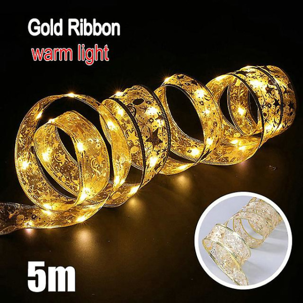 Ribbon Fairy Light juledekorasjon Juletrepynt til hjemmet 2023 Buer String Lights Navidad Natal nyttår 2024 (FMY) Gold-Warm-5M
