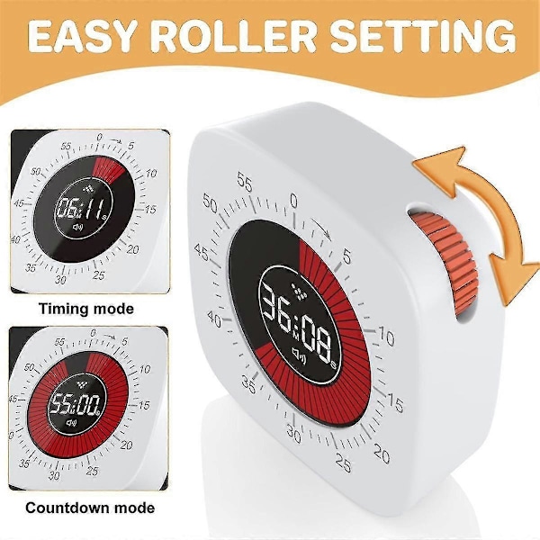 Visuell Timer for Barn, Digital Timer med 60-minutters Nedtelling, Stille Timer for Skrivebordsklokke (FMY) White