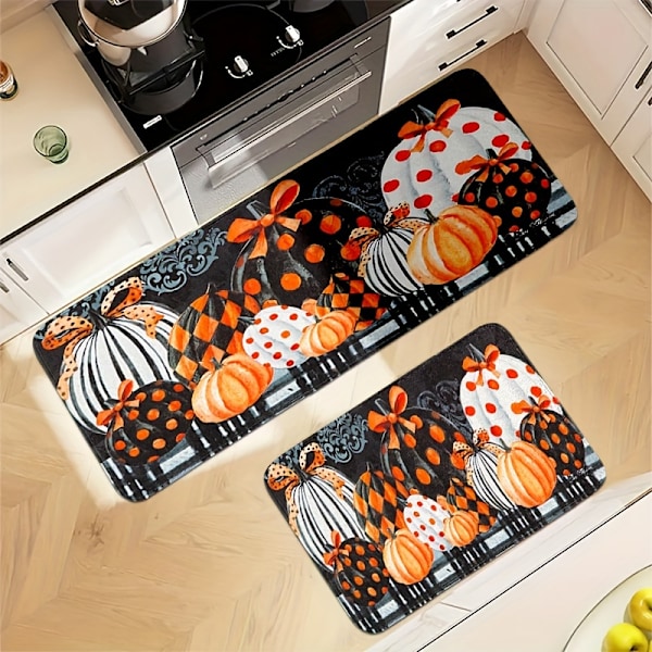 2/3-delars höstskörd pumpa köksmatta set - Mjuk, plysch, anti-trötthet, halkfri flanell mattor för diskbänk, sovrum, vardagsrum, matplats (FMY) 16x24+17x47inch（2pcs）
