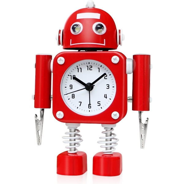 Ikke-tikkende robotvekkerklokke i rustfritt metall – vekkeklokke med blinkende øyelys (rubinrød) (FMY)