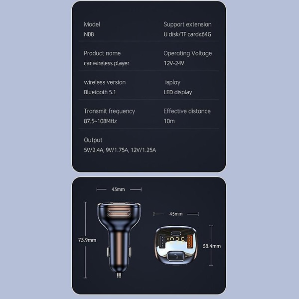 Bil Bluetooth 5.1 Fm-sender med LED-skjerm Dobbel Usb-hurtiglader Mp3-spilleradapter (FMY)