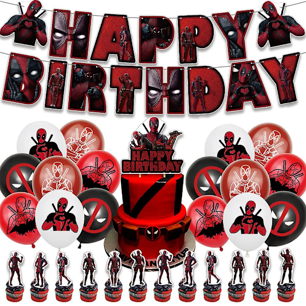 Deadpool Bursdagsfestpakke 2024 - Banner, Ballonger, Kakepynt - Superhelt Festdekorasjon for Gutter (FMY)