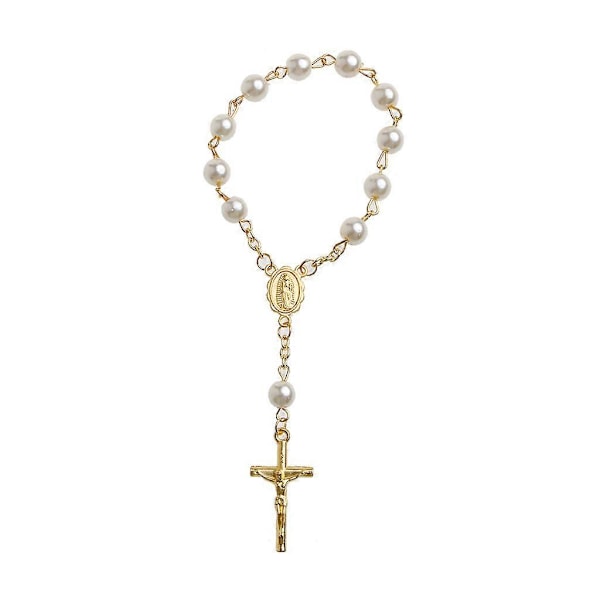Katolsk korsfingerkæde Mini rosenkrans Finger dåb Rosenkranse Imiterede perler Armbånd til dåbsgaver Barnedåb (FMY) Gold