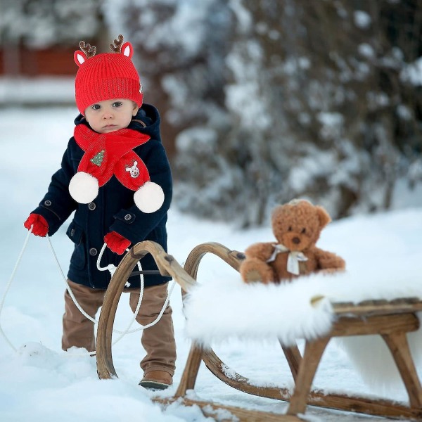 Børn vinterhue tørklæde handsker sæt piger drenge, børn småbørn strikket elg gevir hue tørklæde handsker sæt (FMY)