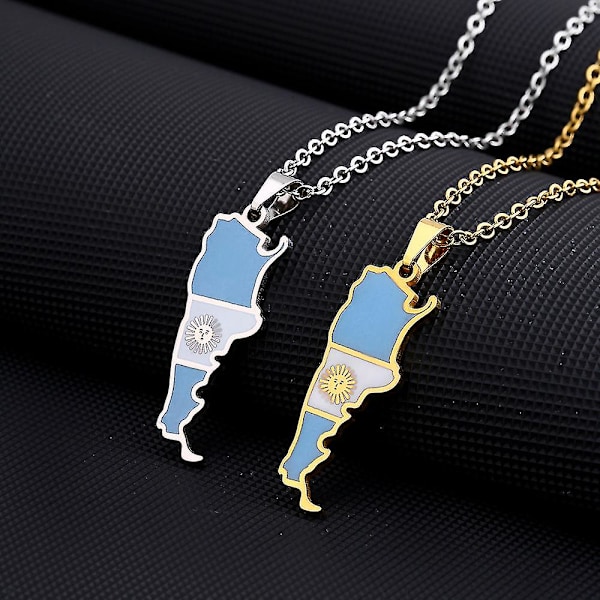 2 st Nya Argentina Karta Flagga Hänge Halsband För Kvinnor Män Guld Silver Färg Rostfritt Stål Mode Argentinsk Smycken Patriotisk Present (FMY)