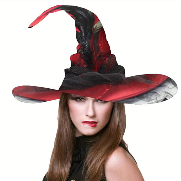 Ægte Hexe- og Troldmandsfjerhatte med Tulle-Net til Halloween Kostume (FMY) Red