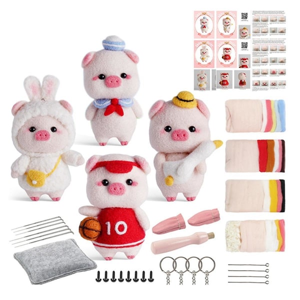 Søt Piggy Doll nålfiltesett for nybegynnere, nålefiltesett, filtnåler, skumpute, filtduk, instruksjon (FMY)