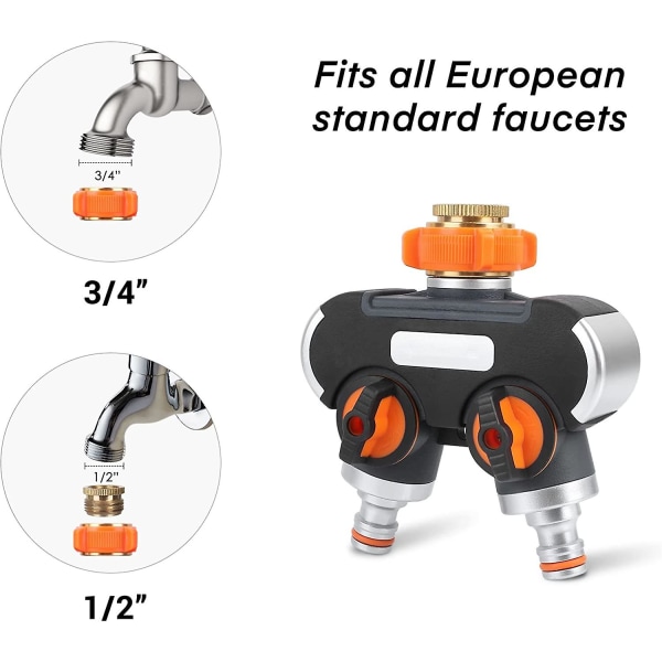 2-tietoinen vesijakaja, 3/4\" ja 1/2\" vesijakaja adapterilla puutarhaletkulle, hanalle ja kastelukellolle, veden virtauksen säätö ja sulkeminen