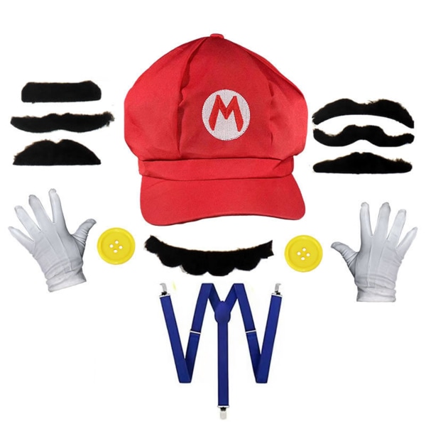 Super Mario Bros Cosplay Tilbehør Kuppel Bomuldshuer Handsker Overmuser med Seler Halloween Party Cosplay Tilbehør (FMY) Red Hat