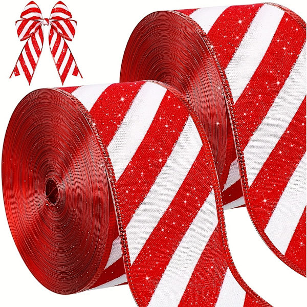 2 Rullar 10 Yards Klassisk Stil Julhantverk Satinband Set, 2,5 Tum Glittrande Randiga Trådkantade Polyesterband för Semestergåva (FMY) 2pcs