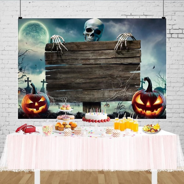 5x3ft Vinyl Uhyggelig Halloween Fotobaggrund Spooky Skelet Græskar Lanterne Rustik Træ Baggrunde Gyser Spøgelse Natfest (FMY)