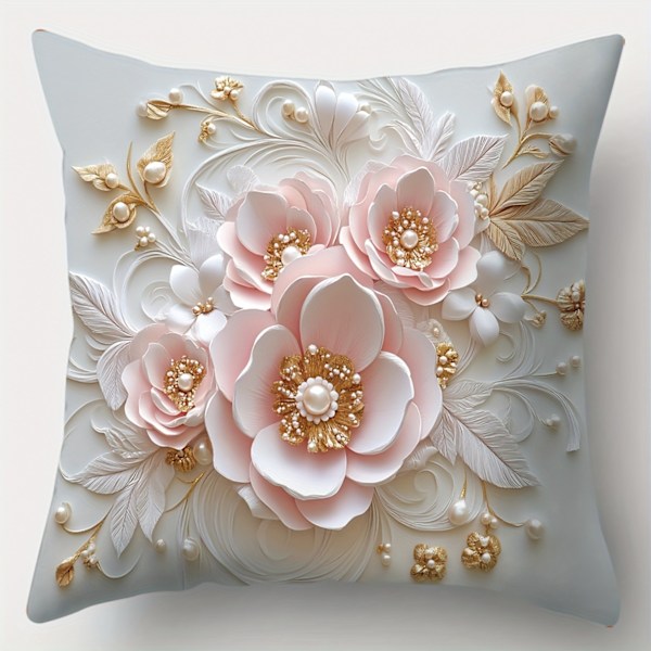 4 stk. Levende Blomster Accent Puder - 3D Printet Rosa & Hvide Blomster, Blødt Kunstigt Stof, 45x45 cm Dekorative Puder til Stue (FMY) 4pcs