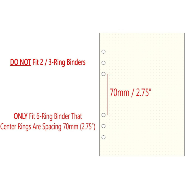A5 6-rings ringbind/planlægger genopfyldningspapir til filofax, 6 huller, 45 ark/90 sider, prikkeret (FMY)