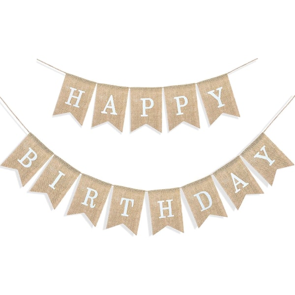 Happy Birthday Banner For Birthday Party Decorations, Rustic Burlap Bunting Chevron, 2 In 1, Linen White  (FMY)