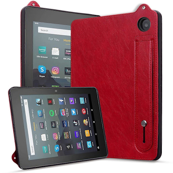 Fodral med handrem, stativ och läderöverdrag för Amazon Fire HD 8 (2024) (2020) - Grå (FMY) Multicolor Red