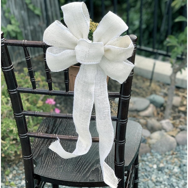 Off White Burlap Ribbon Wreath Bow - 10\" Bred, 18\" Lange Haler, Bryllupsdekor  (FMY)