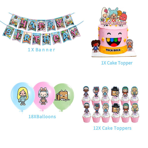 Toca Life Tema Tillykke med fødselsdagen Fest Dekoration Banner Ballon Kage/Cupcake Toppers Kit  (FMY)