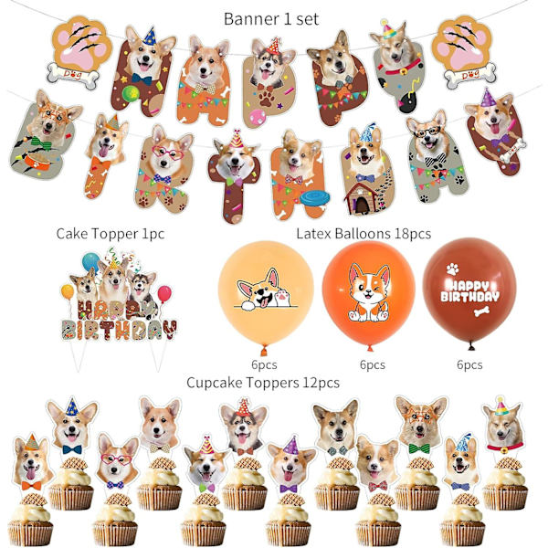 Kawaii Corgi -teemainen syntymäpäiväjuhlatarvikkeet, mukaan lukien banneri, ilmapallot, kakun koristeet, cupcake-koristeet, söpöt ja karvaiset corgi-koiran juhlatarvikkeet (FMY)