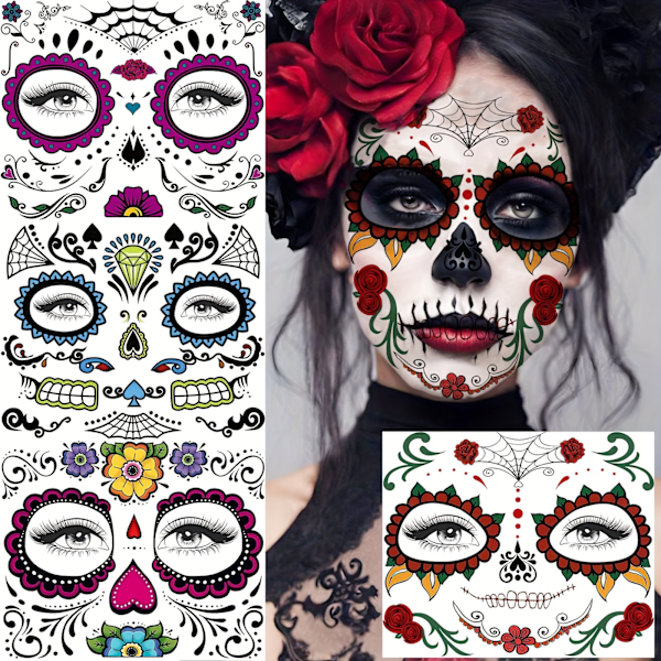 Levande Dödskalle Ansikts Tatueringar - Hållbara, Vattentäta och Återanvändbara för Vuxna - Perfekt för Halloween, Dia de los Muertos (FMY) 4 Sheets In One Package