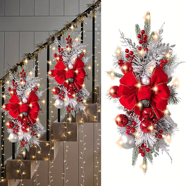 Julkrans Trappräcke Dekoration, Konstgjorda Julkransar Förbelysta Trappräcke Dekoration Tårförmad Girlang Med Ljus För Hem Dörr Jul (FMY) 2pcs