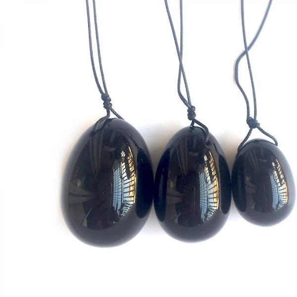 Svart Obsidian Yoni Egg sett med 3, massasjesteiner for kvinner for å styrke bekkenbunnsmusklene med fløyelspose (FMY)