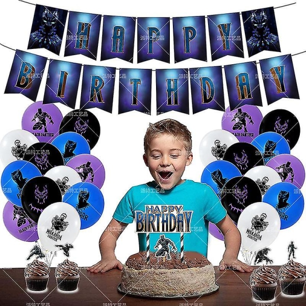 Svart Panther temafestdräkt Grattis på födelsedagen Banner Karaktär Dekorativ flagga Ballong Combo Barnfest Layout Tillbehör  (FMY)