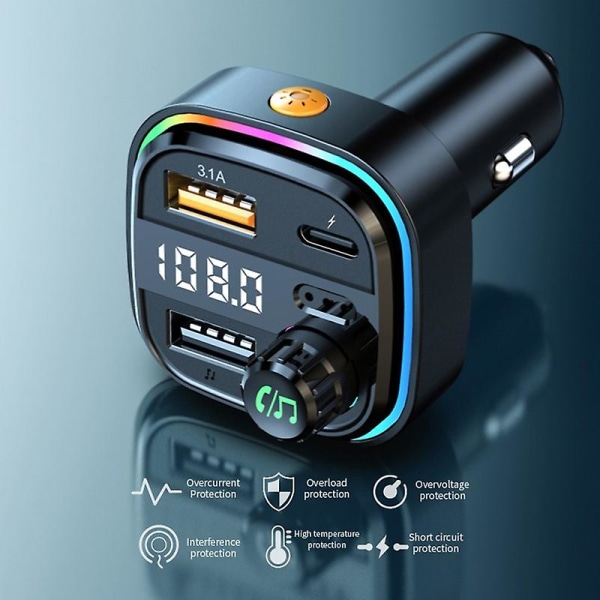 Bluetooth 5.0 Fm-sändare handsfree bilradiomodulator Mp3-spelare med USB + typ-c laddningsadapter för bil (FMY)