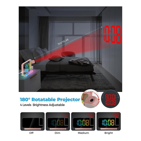 Projektioherätyskello, 7,4 tuuman LED-peili digitaalikellojen näyttö, +180 kääntyvä projektori, yövaloruusukulta (FMY)