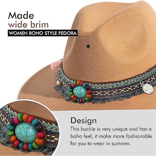 Fedora-hatte i filt for kvinner, panamahatter med vid brems med dusk (FMY)