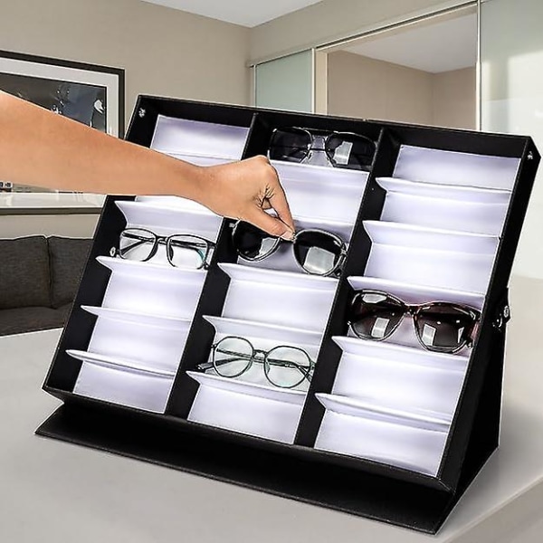 Låsbar solbrilleskjerm med organiseringsboks 18 rom for 18 briller 18 spor for solbriller, briller og briller (FMY)