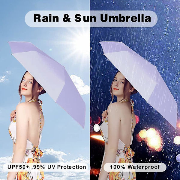 Mini-matka-aurinkovarjo käsilaukkuun kotelolla, pieni kompakti UV-sateenvarjo suoja aurinko, kannettava aurinkovarjo tuulenpitävä, violetti (FMY)